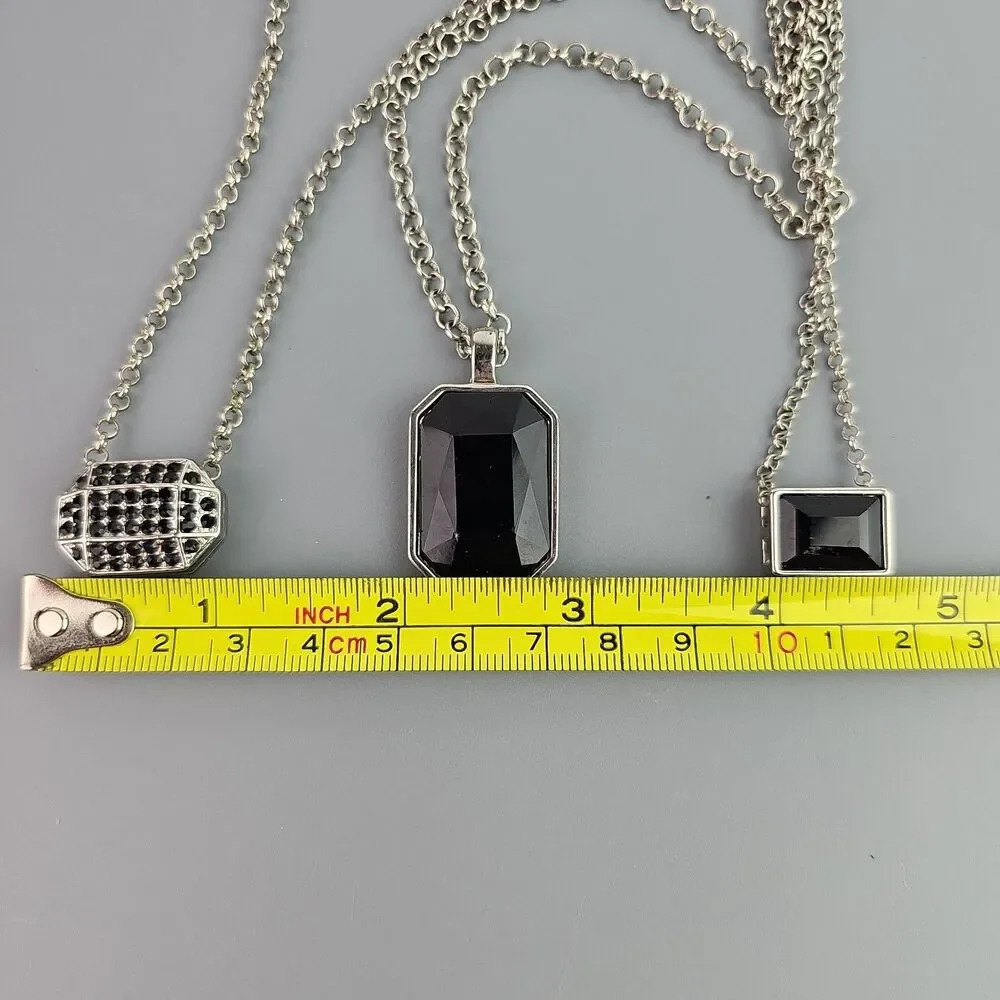 3 Layered Chain Necklace Black Theme Pendants Silver Tone 22 26 30 inch